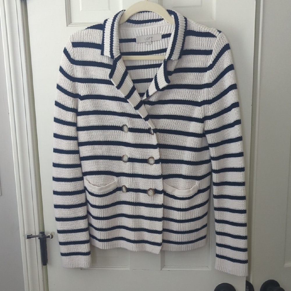 LOFT Blue and White Striped Cardigan Sweater
